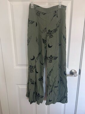 Bali Olive Green Printed Wide Leg Flare Pants